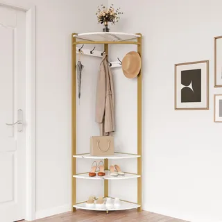 Schuhregal Mit Garderobe, Garderobenständer Ecke,Metall Eckgarderobe,Freistehender Kleiderständer Mit 4 Ebenen 6 Haken Für Kleidung Hut Tasche,Flur Eingang Wohnzimmer Schlafzimmer,Gold
