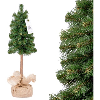 FairyTrees künstlicher Weihnachtsbaum Premium, Mini Weihnachtsbaum Fichte Naturstamm Grün, Standfuß im Jutesack, 50cm, FT42-50