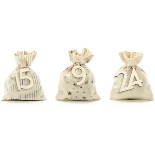PartyDeco Adventskalender Säckchen zum Befüllen 10x13cm mit Holzzahlen 24 Stoffsäckchen befüllbar & wiederverwendbar Weihnachtskalender zum Selbstbefüllen