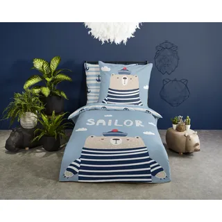 Good Morning Captaine Schriftzug Baumwolle Blau 135 x 200 cm + 80 x 80 cm