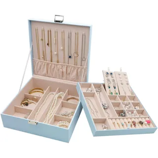 ProCase Schmuckschatulle Damen Leder, Schmuckkästchen mit 2 Ebenen Schmuckkasten Schmuckkoffer Schmuckaufbewahrung Schmuckbox Jewelry Box für Ringe, Ohrringe, Halsketten, Armbänder -Blau