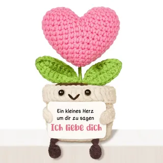 Giftasy Valentinstag Jahrestag Hochzeitstag Geschenke - Handgemachte Gehäkelte Herzblume mit Energiekarte, Geschenk für ihn sie Freundin, Valentinstagsgeschenk Mann Frauen