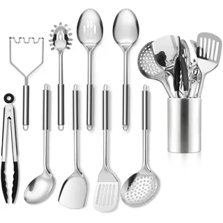 Joyfair Küchenutensilien Set, 10 Stück Edelstahl Küchenhelfer Kochbesteck Set mit Utensilienhalter, Hitzebeständig Kochutensilien mit Pfannenwender zum Kochen und Backen, Rostfrei & Spülmaschinenfest