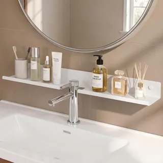 doporro Waschbecken Ablage 60 cm über dem Wasserhahn, Badezimmer Regal ohne Bohren, Waschbecken-wasserhahn-organizer, Spülbecken Organizer & Duschablage, Sandweiß Reglo-17