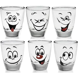 PLATINUX Shotgläser mit lustigen Gesichtern Set 6 Teilig 2,5cl Tequila Karnevalsgläser Schnapsgläser Pinnchen aus Glas