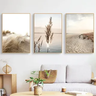 Viusneun 3er Premium Poster Set Wohnzimmer, Moderne Schilf Natur Strand Leinwandbilder, Beige Natur Pampasgras Bilder Ohne Rahmen Kunstposter Home Deko (A,30x40cm)