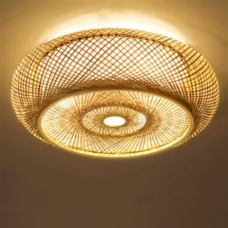 Bambus bündig montieren Deckenleuchte,Rustikale Drum-Shaped Rattan Lampenschirm,Hand-geflochtene Boho-Stil Leuchten,Flush Mount Rattan Kronleuchter für Schlafzimmer Flur Büro Bar Café,220V,E27 (50cm)