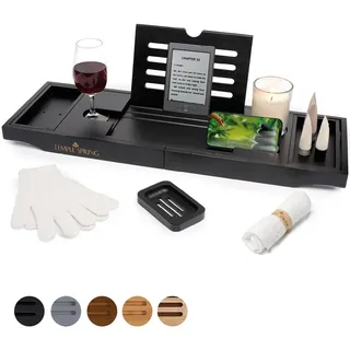 Temple Spring Badewannenablage, Badewannenablage Holz für badewannen zubehör, Badewannenbrett, Badewannentablett zur badewanne zubehör, Bambus tablett, badezimmermöbel für badaccessories -Schwarz