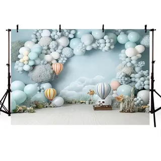AIBIIN Fotohintergrund mit blauem Himmel, Heißluftballon-Wolken, Party-Dekoration für Kindergeburtstag, Kuchen-Zerschlagung, Portrait, Fotostudio-Requisiten, 2,1 x 1,5 m