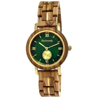 Holzwerk Quarzuhr BUCHLOE kleine Damen Holz Armband Uhr in ahorn beige, gold & grün