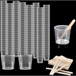Bhina 100 Stück 30ml Kunststoff Mischbecher Messbecher mit 100 Holzstäbchen Graduierten Messbecher Klein Transparente Kunststoff Mixbecher für Mischen Farben Epoxiden Harz Labor Malerei Kochen