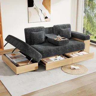Merax Ecksofa mit Schlaffunktion, Schlafsofa mit Verstellbarer Rückenlehne & Bettkasten & Schubladen & Ablagen, Gepolstertes Sofa mit Sitz- und Rückenkissen, für Wohnzimmer, Wohnung, Chenille, Grau