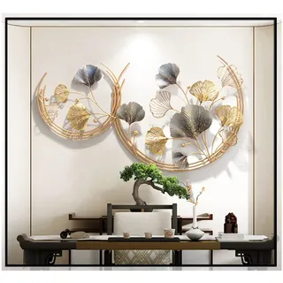CDDUOLA 3D-Raum-Wanddekoration, handgefertigte Kunst, Metall, rund, goldenes Ginkgo-Blatt, dekorative Wandskulptur für Zuhause, Wohnzimmer und Schlafzimmer, 2 Stück