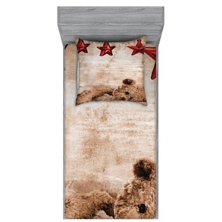 Bettwäsche bedrucktes 2-teiliges Bettwäscheset, Abakuhaus, Microfaser, Karikatur Teddybär und Weihnachten Sterne beige 140 cm x 200 cm