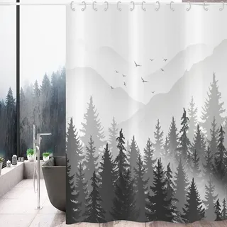 Hnmdmyi Duschvorhang Schwarz und Weiß 90x180, Nebliger Wald Berg Ombre Grau Natur Baum Waldland Landschaft Badewanne Vorhang Wasserdicht Polyester Stoff Waschbar Badevorhang für Badezimmer mit Haken