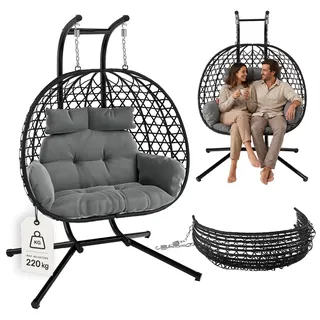 STEELSØN Sarin XXL Hängesessel 2 Personen, Schwarz, höhenverstellbar, 220kg | Doppel Hängestuhl Rattan Outdoor & Indoor mit Kissen, Gartenschaukel Erwachsene & Kinder, Hängekorb faltbar, Korbhängesessel