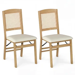 FANTASK Klappstühle Rattan 2er Set, Klappbarer Esszimmerstuhl mit gepolsterten Sitzen & Massivholzrahmen, Küchenstühle bis 180 kg belastbar, armlose Polsterstühle für Esszimmer, Küche, Wohnzimmer