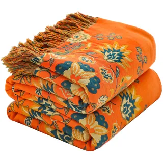 HOORDRY Baumwolle Tagesdecke Gewebte Herbst Decke 230x250CM Orange&Grün | Halloween Überwurf mit Fransen Boho Doppelseitig Bettüberwurf,Edele und Kuschelig Weiche TV-Decke Couchdecke Wendedecke