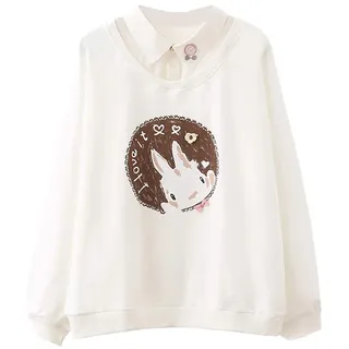 Packitcute Süßer Pullover Sweatshirts für Damen, lange Ärmel, Baumwolle, Häschen, Patchwork, Frühling, Herbst, gefälschte zweiteilige, dünne Oberteile, Weiss/opulenter Garten, M - M