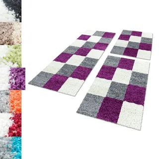 Carpettex Bettumrandung Schlafzimmer 3teilig Shaggy Teppich Hochflor Karo Muster Lila Bettset:2 mal 60x110 + 1 mal 80x150 - Bettvorleger Schlafzimmer Läuferset Flauschig Langflor Bettumrandung Teppich