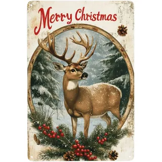 Weihnachten Blechschilder, Weihnachtsrentier Metallschild Metall Poster, Text “Merry Christmas”, Für Außen, Innen, Garten, Straßen, Bar Usw. Dekoration, 20x30cm