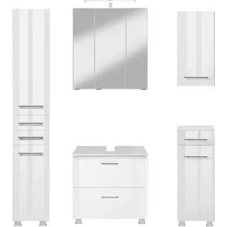 WELLTIME »"Trento", Badezimmer-Set, Hängeschrank, Unterschrank, Hochschrank«, (5 St.), Waschbeckenunterschrank, Spiegelschrank inkl. Aufbauleuchte