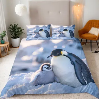 Generisch Pinguin Bettwäsche 135x200 Junge Mädchen Bettbezug 3D-Druck Muster Teenager Bettwäsche-Set Mikrofaser Bettbezug Mit Reißverschluss Und 2 Kissenbezug 80x80 cm