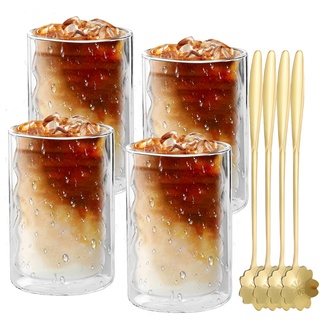 Nizirioo 4er Set Latte Macchiato Gläser Doppelwandig Kaffee Gläser, 375ml Kaffeegläser mit 4 Löffeln, Thermogläser Doppelwandig aus Borosilikatglas für Whiskey, Bier, Cocktail, Eiskaffee und Eistee