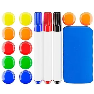 SANAWATEC 16 Stück Whiteboard Zubehör 3x Whiteboard-Stifte bunte magnetische Marker mit Radierer trocken abwischbar + 1x Whiteboard-Schwamm Magnetisch Tafellöscher + 12x Magnete für Magnettafel
