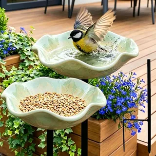 Vogeltränke Blume, Bienentränke Keramik mit Bodensteckdose - Bienentränke Gartenstecker & Insektentränke, Wasserschale und Vogelfutterstelle, Dekorative Keramikblüten Blumenstecker (G2)