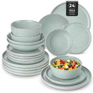 Steingut Geschirrset 6 Personen, vancasso ANYA Mintgrün Teller Set Modern 24 teilig,Tafelservice mit Speiseteller, Suppenteller, Desserttellern, Schüsseln, Geschirr Set Spülmaschinen Mikrowellenfest