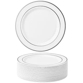 MATANA 25 Premium Weiße Plastikteller mit Silbernem Rand, Mehrweg Kunststoffteller, 26cm - Partyteller für Hochzeiten, Geburtstage, Partys - Elegantes & Stabiles Partygeschirr