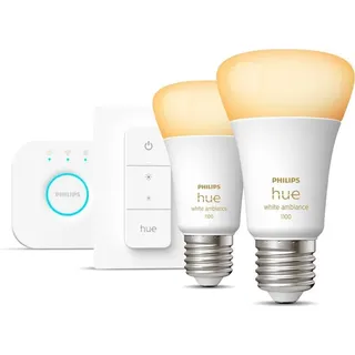 Philips Hue White ambience Starter-Set: E27 Lampe A60 Doppelpack + Dimmschalter, Set für intelligente Beleuchtung, Bluetooth/Zigbee, Weiß, LED, E...