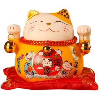 Jenngaoo Winkekatze Porzellan Gelb, Glückskatze aus Keramik, 11,4 cm, Maneki Neko Figur für Glück, Reichtum, Winke Katze, Japanische Deko für Geschäftseröffnung und Home-Deko
