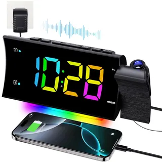 FCHERP Radiowecker mit Projektion, Projektionswecker Digitaler Wecker | 180°Projektor, Großer LED-Anzeige, USB Ladegerät, 12/24H, Snooze-Doppelwecker, Funkwecker mit Projektion für Schlafzimmer