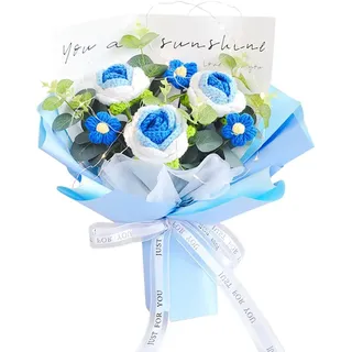 Gehäkelter Rosenstrauß: Fertige Häkelblumen gestrickte Rose für Valentinstag, Muttertag, Geburtstag, Heimdekoration (blau)