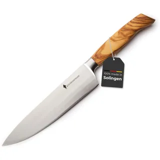 KÜCHENSCHARF Profi Kochmesser 20 cm mit Olivenholzgriff - Ergonomisches Küchenmesser aus 100% Edelstahl für Profi- und Hobbyköche - ideal für Fleisch, Obst & Gemüse - Geschenkset