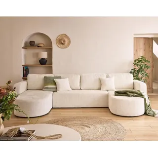 Miro - Wohnlandschaft U-form 7-sitzer - Schlaffunktion Und Bettkasten - Aus Strukturiertem Samt - Beige