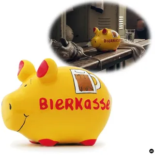 LS-LebenStil Spardose Keramik Sparschwein Schwein Spruch Bierkasse Gelb Rot Sparbüchss, (perfekt als Geschenk zum Geburtstag Hochzeit oder Verlobung, Taufe, 1-tlg., 100% von Handbemalt, mit Filzgleiter - keine Kratzer), Exklusives Design, Originelle lustige Sprüche weiß 12.00 cm x 12.00 cm x 9.00 cm x 9.00 cm