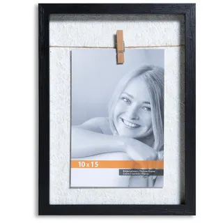 VictoR Bilderrahmen Collage Clip Rahmen schwarz für 1 Bild in 10x15 cm | Rahmen aus Holz mit extra Klammern zum anheften von Fotos