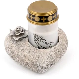 Novaliv Grabschmuck Herz Rose Grau inkl. LED Grablicht Weiß Gedenkkerze Grablaterne Trauerkerze Grabdeko Herz Grabherz Trauerstein