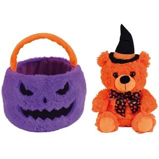 Jemini 024424 Halloween Set MIT EINEM Korb +/-19 cm violett und einem Bär +/-23 cm orange aus Pelusch