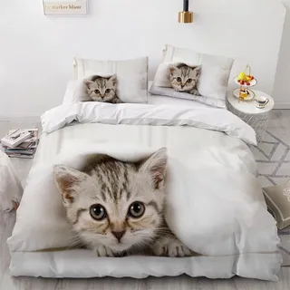 AASIRA Bettwäsche Kätzchen Bettbezug 155x220 mit Reißverschluss 100% Mikrofaser Bettwäsche-Sets Tiere Katzen 3D Kinder Teenager Pflegeleicht Betten Set mit 2 Kissenbezüge 80x80