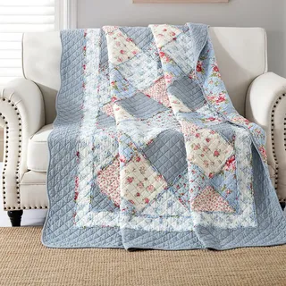 Qucover Patchworkdecke Tagesdecke Baumwolle Baumwolldecke 150x200cm Quilt Gesteppte Zweiseitige Decke Blaue Bettüberwurf 140x200cm für Einzelbett Kleine Sofadecke im Landhausstil mit Blumenmuster