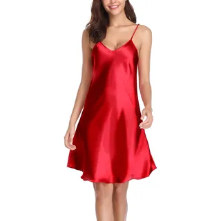 Vlazom Damen Nachthemd Satin Sexy Negligee Unterkleid mit Spaghettiträger V Ausschnitt Nachtkleid für Frauen(XL,Stil A-Rot) - XL