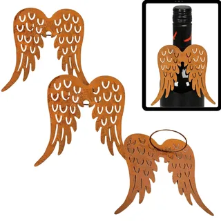 Storm's Gartenzaubereien Engelsflügel Metall 3er Set - Flaschendeko, Serviettenring für Weihnachten, Weinflaschenabdeckung 10cm x 9,5cm - Rostoptik