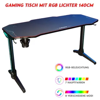 SONNI Gaming Tisch mit LED RGB Gaming Schreibtisch Ergonomischer  Schwarz 140cm