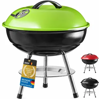 GOODS+GADGETS® Kugelgrill klein 38cm, Mini Tischgrill Holzkohle Grün | Unterwegs grillen, verstellbares Luftventil, emaillierter Edelstahl, 38x38x40 cm, mobiler Campinggrill, Holzkohlegrill