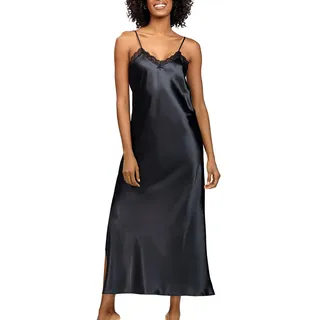 DKaren Nachtkleid Damen Lang Abeni M - Satin Nachthemd Lang - Unterkleid Damen Lang mit Spitze am Ausschnitt - Satin-Nachthemd - Negligee Damen Satin Schwarz - M