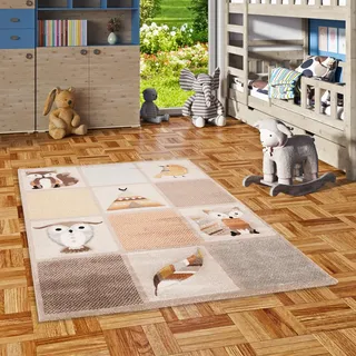 Pergamon Kinderzimmer Teppich Kurzflor Maui Kids Waldtiere Beige Braun in 5 Größen